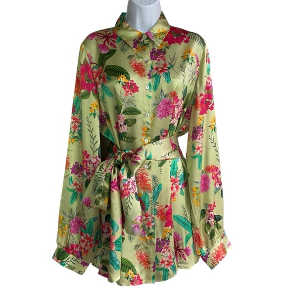 ROCOCO SAND Rue Short Dress 100% Silk Large Lime Green Colourful Floral - Picture 6 of 15